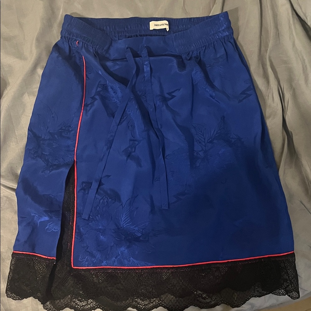 Zadig & Voltaire Blue Silk Skirt with Black Lace Trim